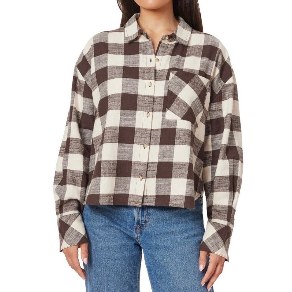 Scotch & Soda Women‎ Brown White Plaid XXL Flannel Shirt Long Sleeve NWT